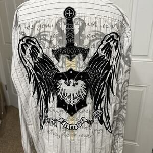 Victorious White Striped Long Sleeved Button Up. Wings And Dagger Design 3xl Men
